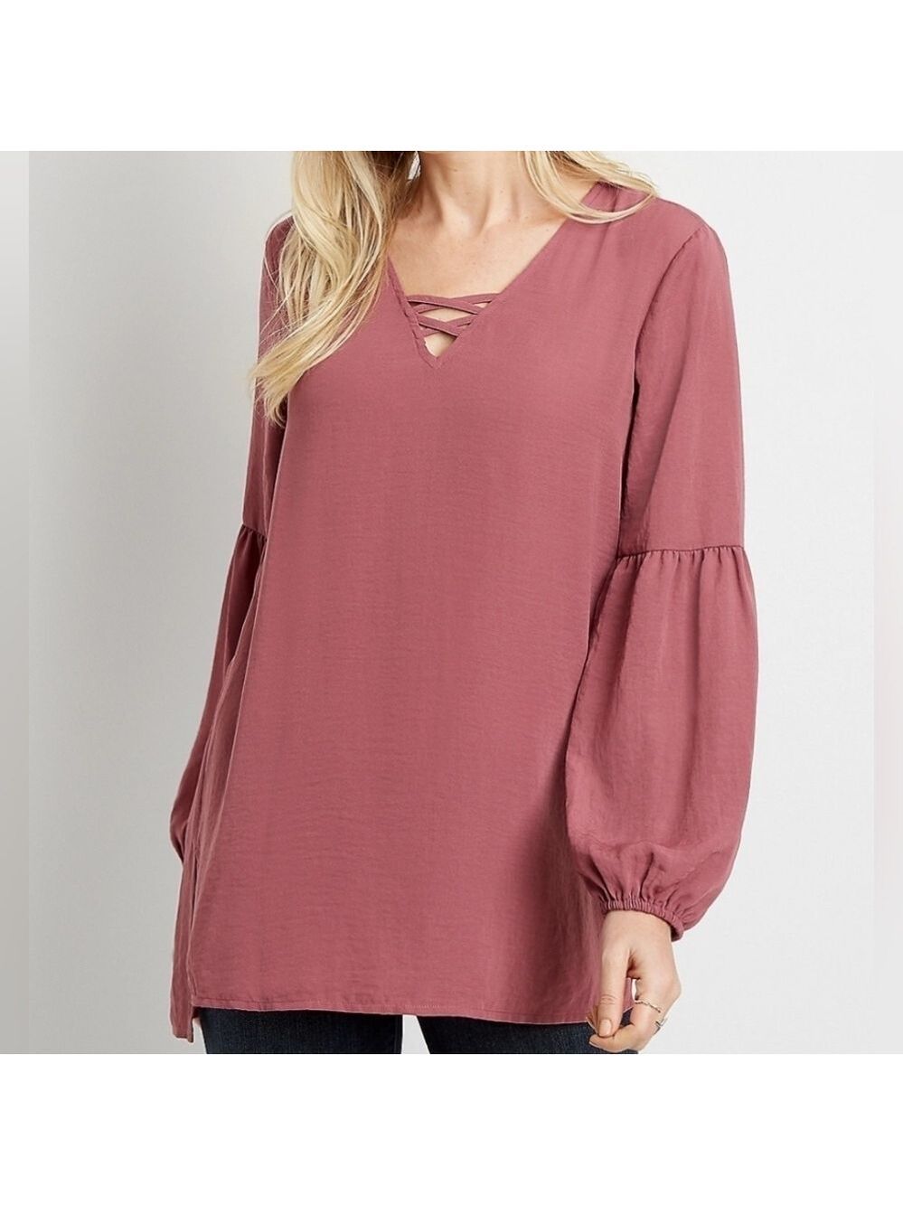 XXL • Maurices • Mauve Lantern Sleeve Lattice Neck Tunic Blouse